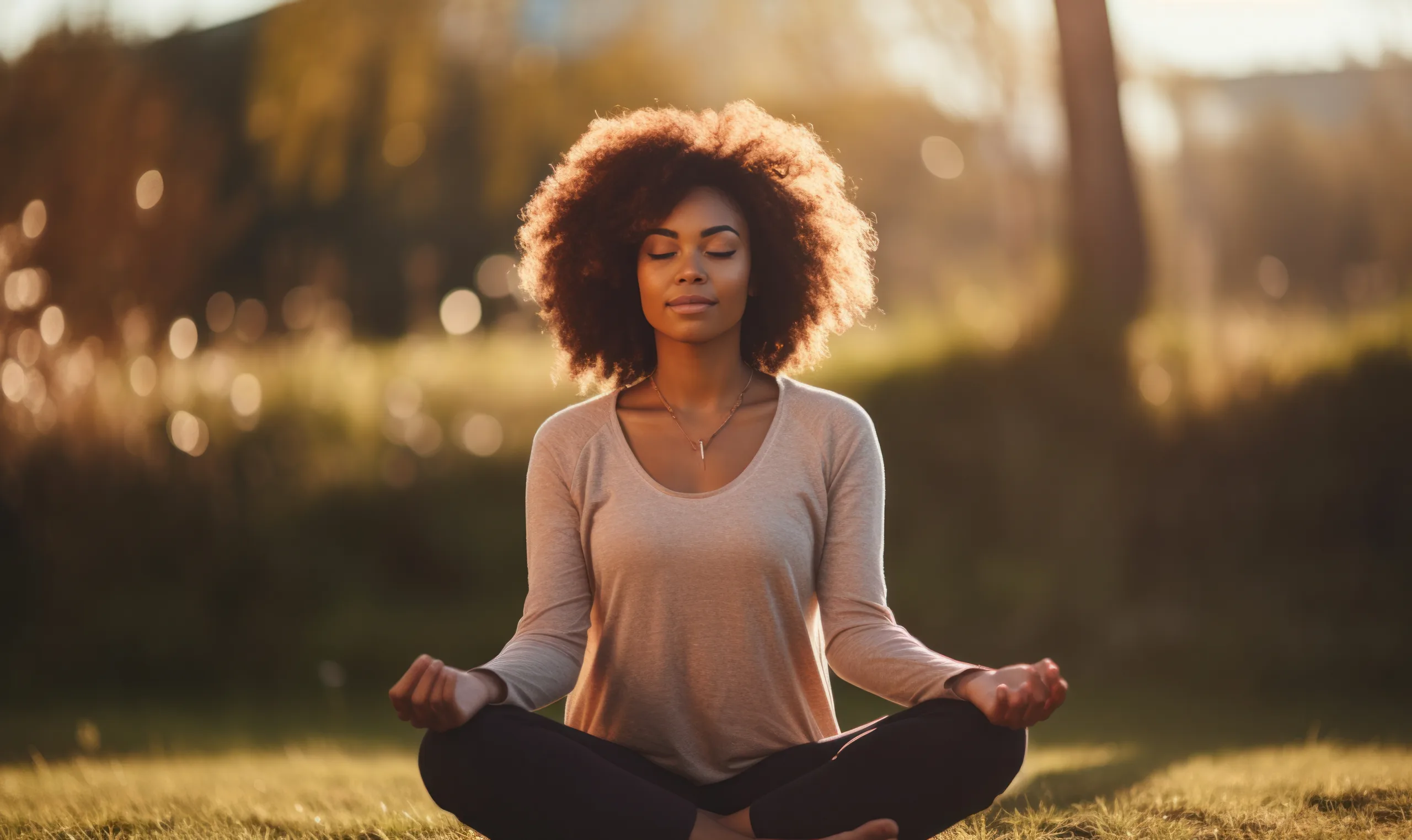 Como meditar: Mulher sorridente praticando meditação